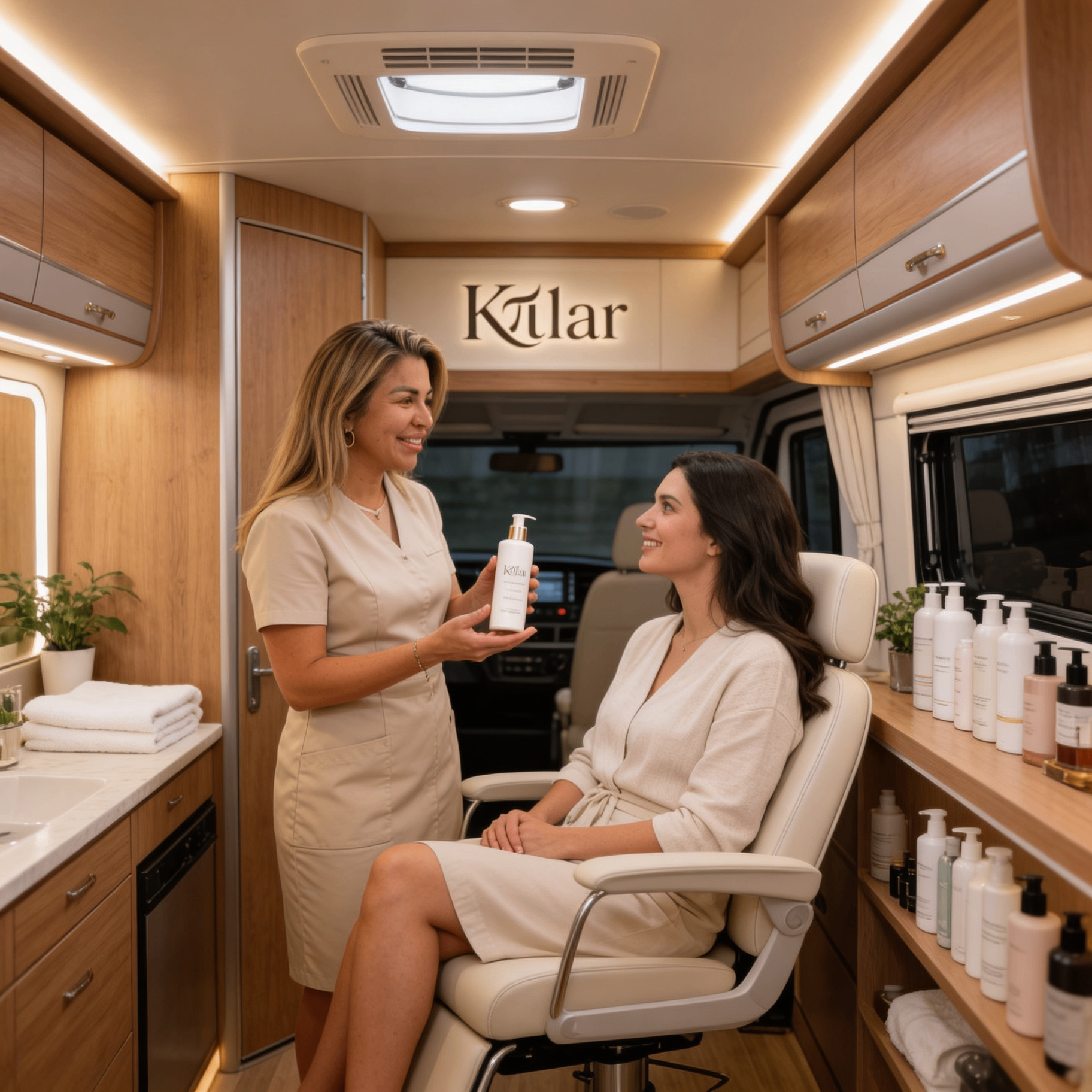 Profesional mostrando un producto a una clienta sentada en el interior de la autocaravana